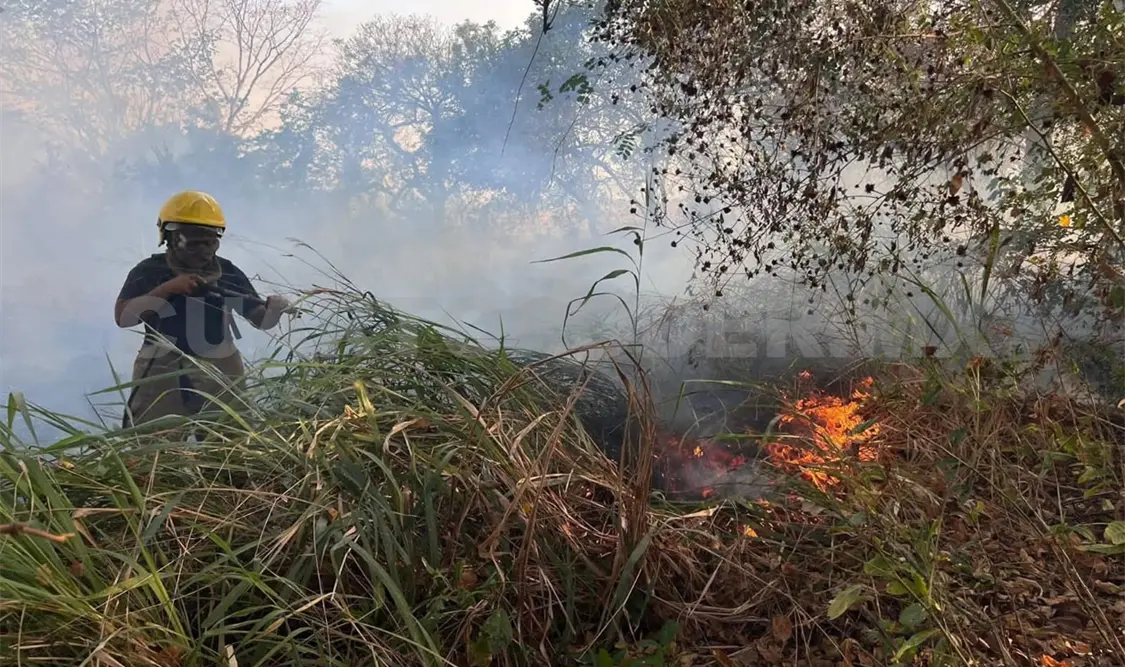 Electos de Protección Civil luchan contra los incendios de pastizales que azotan la zona. Ramón García / CP